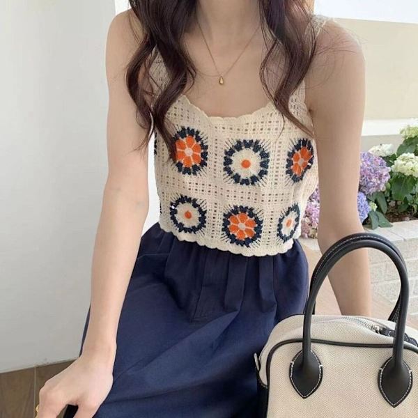 Bohemian Knitted Hollow Suspender ermeløs topp BLÅ Blue