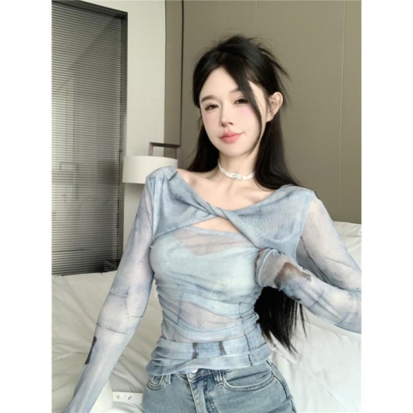 Tie Dye Mesh pitkähihainen T-paita Vintage Hottie Cropped Tops M M