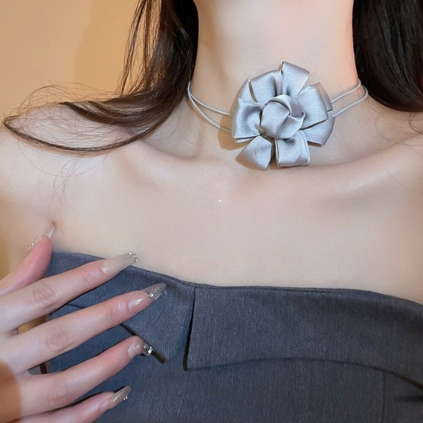 Clavicle Chain smykker 3D Rose Flower Halskjede GRÅ Grey