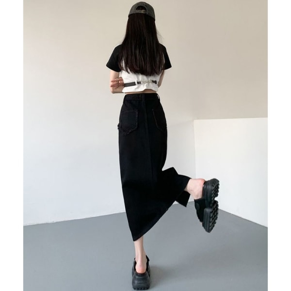 Split denimnederdel A-line nederdel SORT L Black L