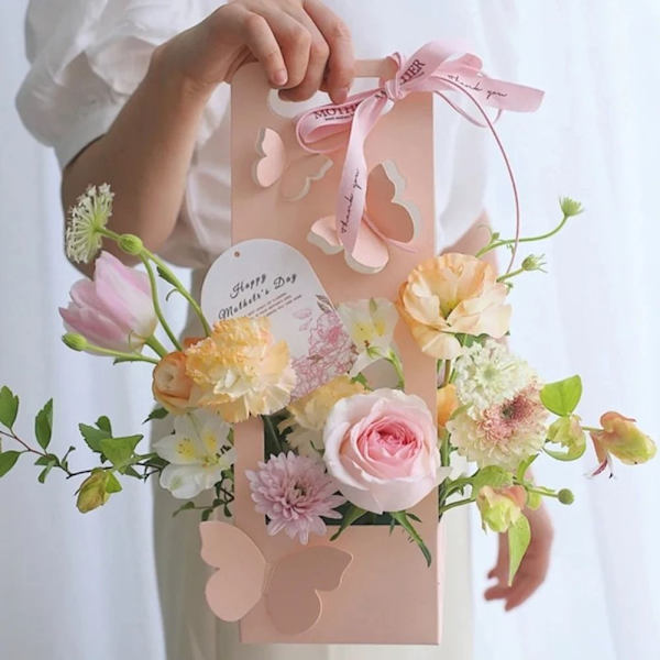 Sammenfoldelig Blomsterkasse Buket Indpakningsboks PINK REKTANGULÆR Pink Rectangular-Rectangular