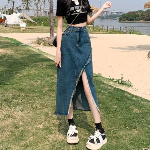 Split Denim Nederdel A-Line Nederdel SORT XL Black XL