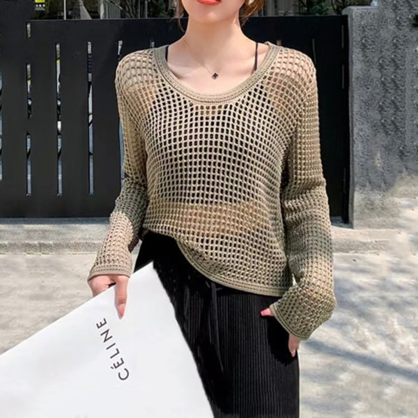 Hollow Out Bluser Strikk Topper APRIKOS Apricot