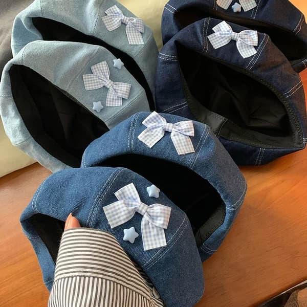 Denim Beret Hat Malerhat BLÅ SLØJFE SLØJFE blue bow-bow