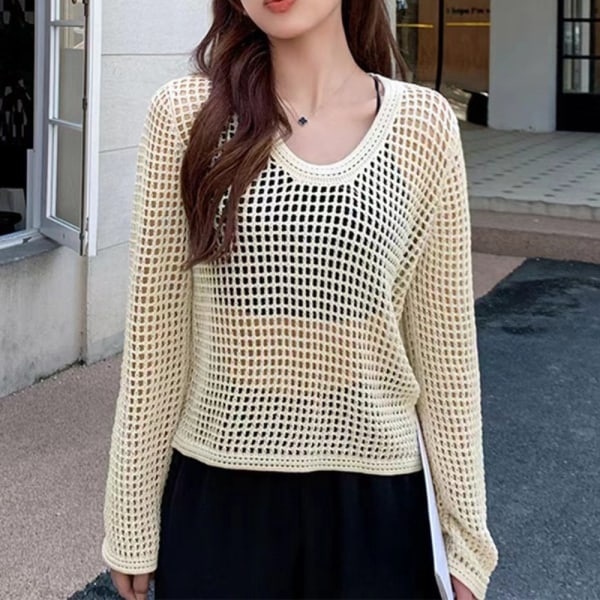 Hollow Out Bluser Strikk Topper APRIKOS Apricot
