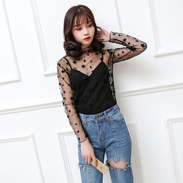 T-shirttoppar Genomskinlig blus 2 2 2
