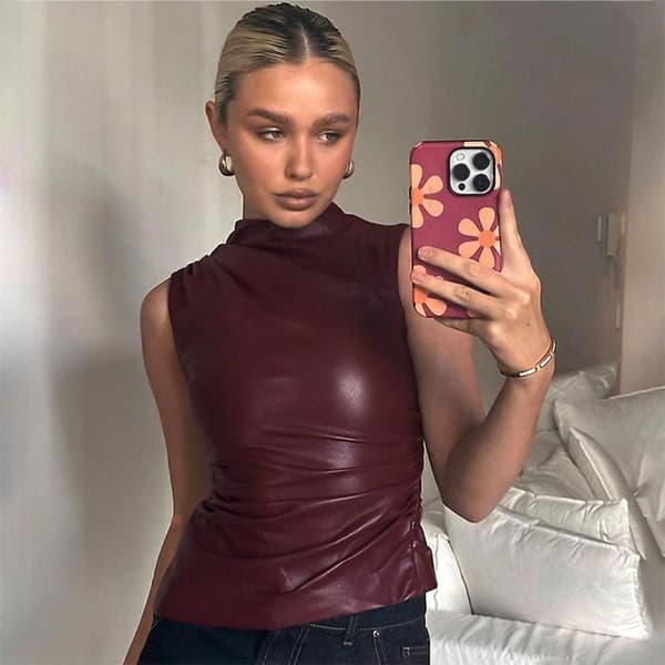 Mode Asymmetrisk Top Læder Rynket Vest SORT M Black M