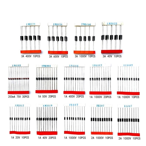 200 stk Diode Sortiment Kit Aksialdiodesett Zenerdiodersett