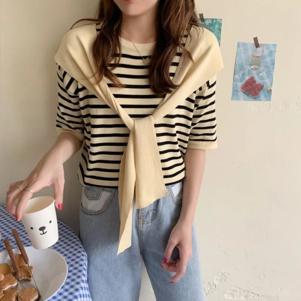 Falsk Todelt Stripe T-shirt Kort Top GUL GUL Yellow