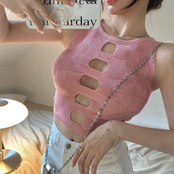 Hollow-Out Tank Topit Sexy Camisole PINK Pink