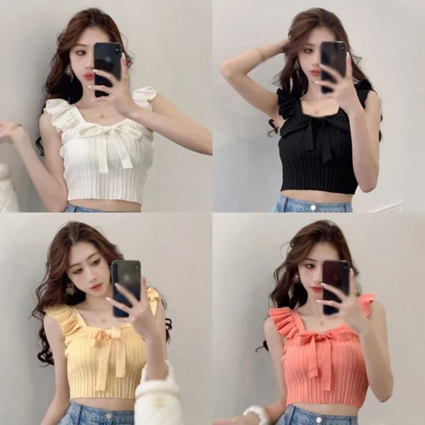 Dame tanktop strikket ærmeløs rem ORANGE&PINK Orange&pink