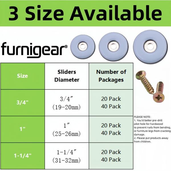 20-pack skruvbara möbelglidare/möbeltassar för möbelben 19mm