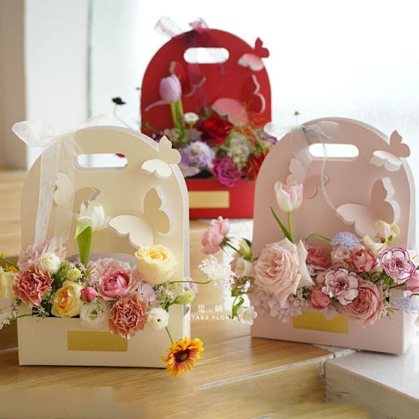Sammenfoldelig Blomsterkasse Buket Indpakningsboks PINK REKTANGULÆR Pink Rectangular-Rectangular