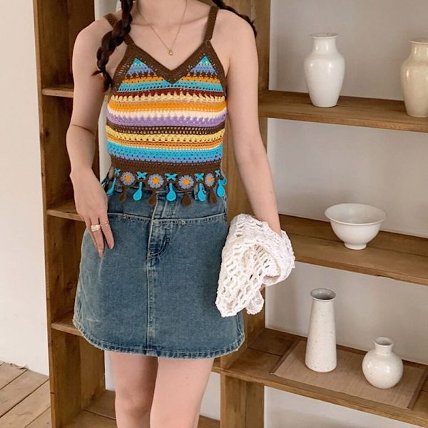 Brodert Strikket Vest Hulkrok Blomstertopp APRIKOS Apricot
