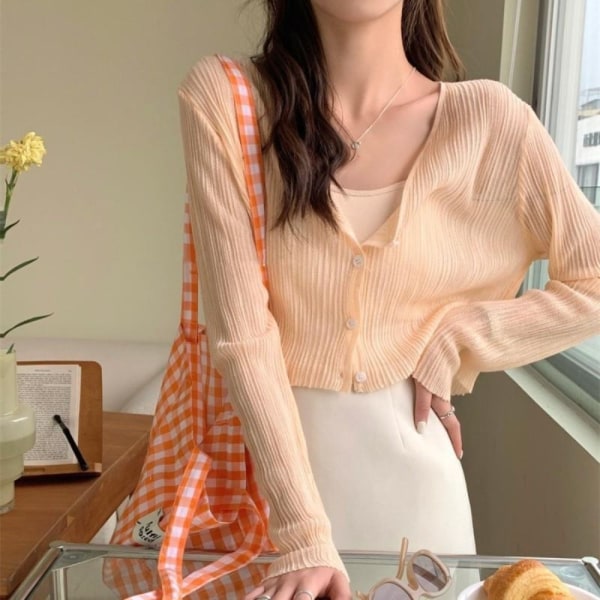 Hollow Out Bluser Strikk Topper APRIKOS Apricot