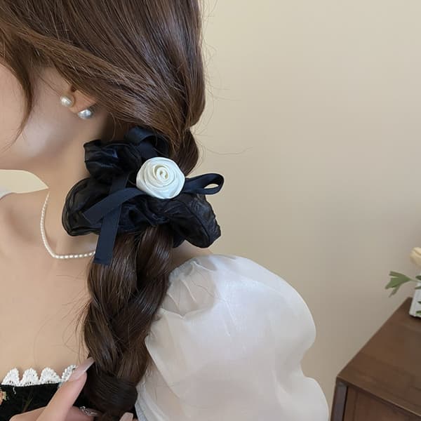 Stof Rose Hårelastik Sløjfe Rose Elastisk Hårring SORT Black