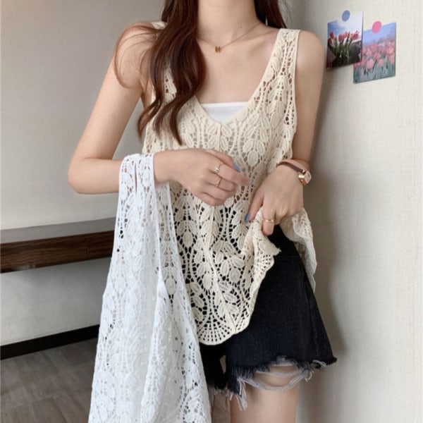 Ärmlöst linne stickad camisole-topp VIT white