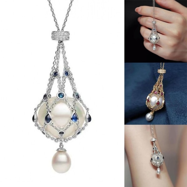 Pearl Gemstone Lavalier anheng Crystal Holder Cage kjede Blue