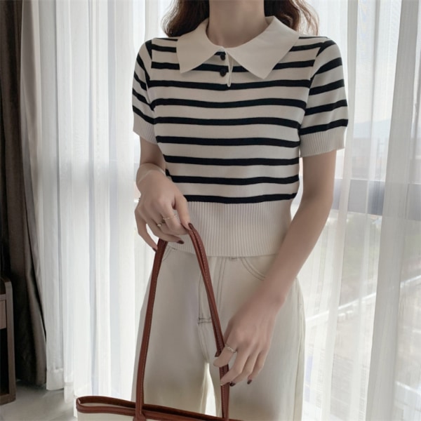 Strikket Stripe T-skjorte kort topp HVIT White