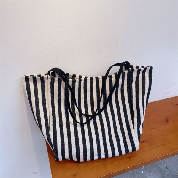 Stripe Canvas Tote Bag Enkel skulderveske SVART black