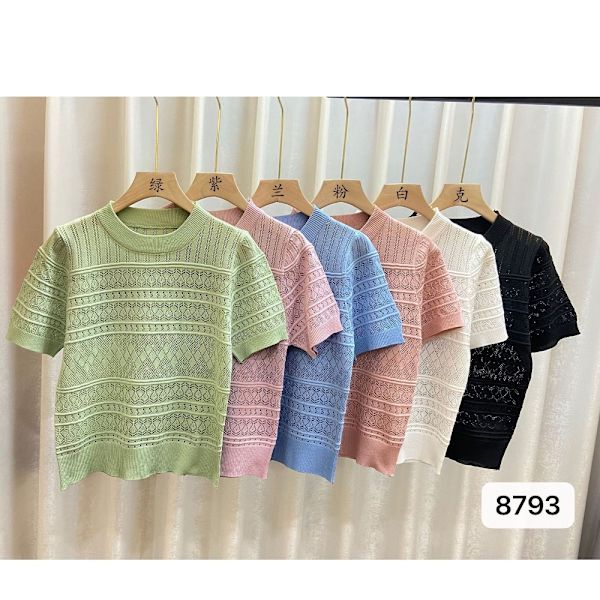 Stickad T-shirt Topp med rund hals BLÅ Blue