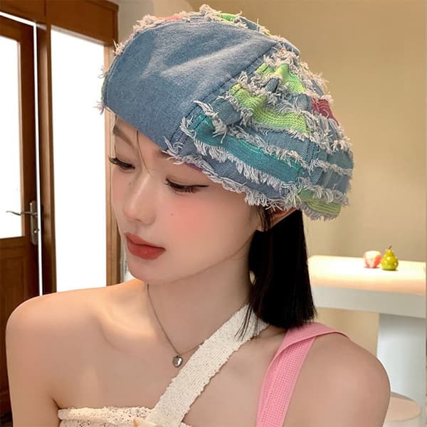 Denim Beret Hat Ottogonal Flænset Kasket LYSEBLÅ light blue