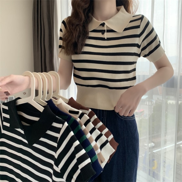 Strikket Stripe T-skjorte Kort Topp APRIKOS Apricot