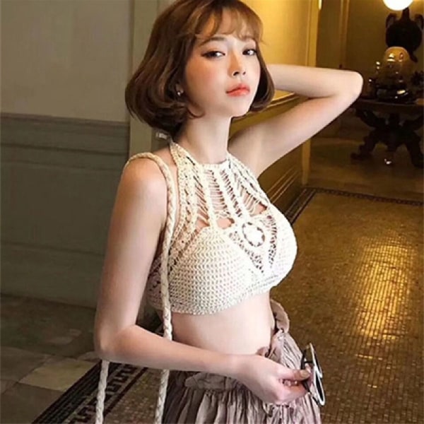 Lace-up Halter Neck Camisole Tube Top Brodert Vest ANHENG Pendant white