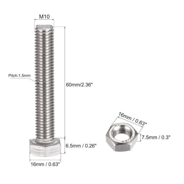 4 kpl kuusiokantaruuvit Pultit Täyskierre kuusiokolopultit 4pcsM10x60mm