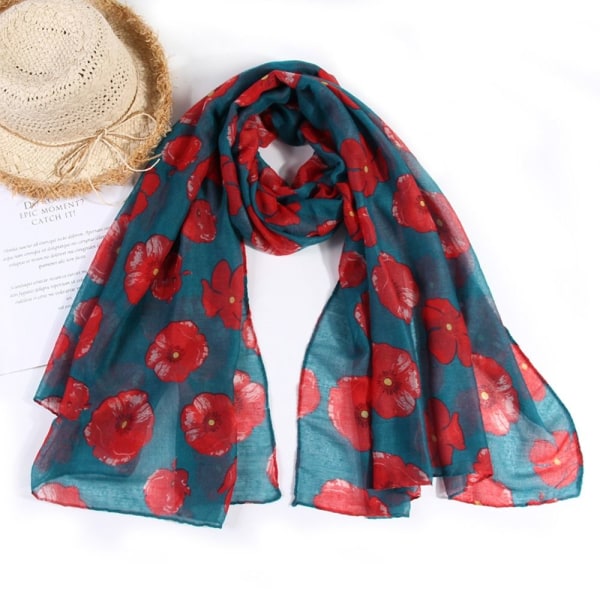 Poppy Print Scarf Poppy Blommig Sjal AQUAMARINE Aquamarine