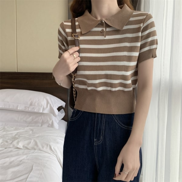 Strikket Stripe T-shirt Kort Top KHAKI Khaki