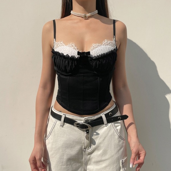 Dame top sløjfe stropløs camisole SORT L Black L
