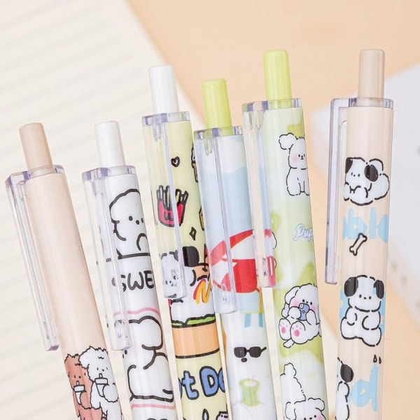 6 STK Cute Puppy Retractable Gel Pen Kuglepen 0,5 mm