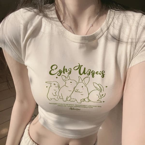 Kanintrykk Crop Top Rund Hals Kortermet L L