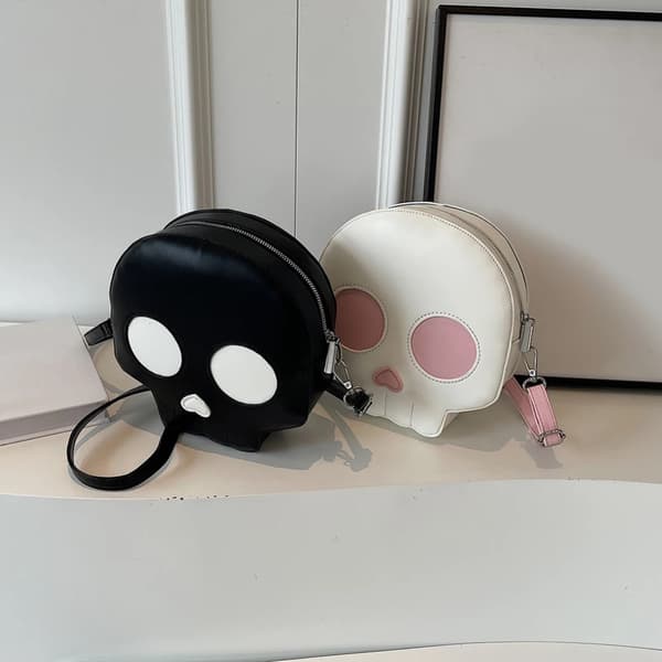 Læder Skuldertaske Dødningehoved Crossbody Taske SORT Black