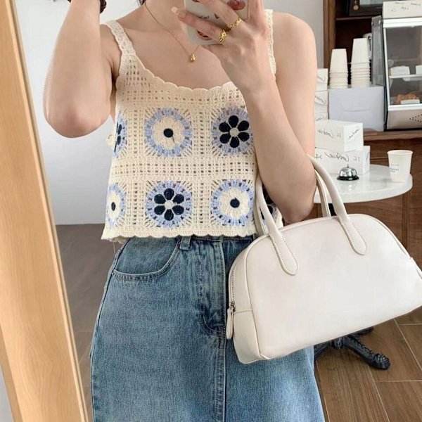 Bohemian Knitted Hollow Suspender Ermeløs Topp APRIKOS Apricot