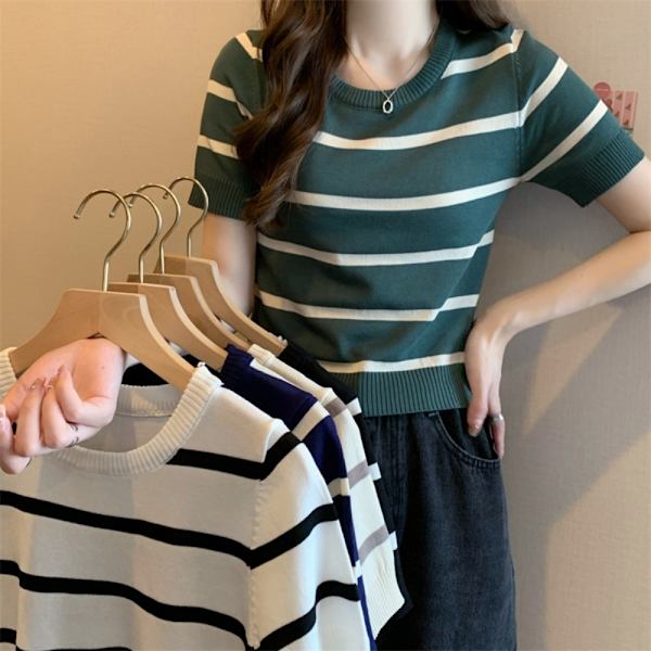 Neulottu Stripe T-paita Pyöreäkaula-aukkoinen toppi APRICOT Apricot
