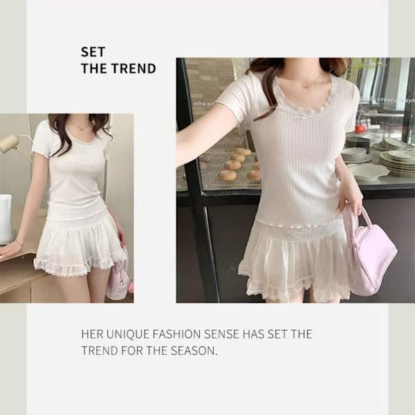 Naisten lyhythihainen T-paita Lace Edge Pusero WHITE M White M