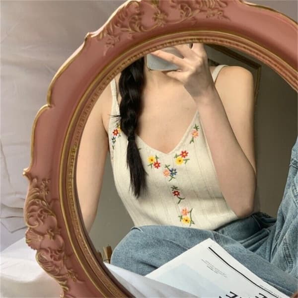 Strikket Sling Ermeløs Topp Blomst Camisole Skjorte