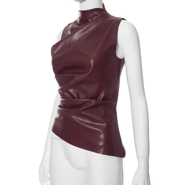 Mode Asymmetrisk Top Læder Ruched Vest SORT S Black S