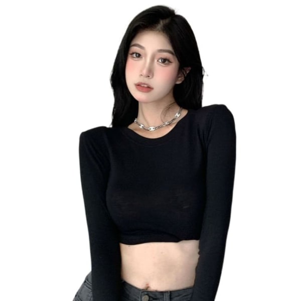 Pitkähihaiset Crop Tops T-paidat MUSTA L Black L