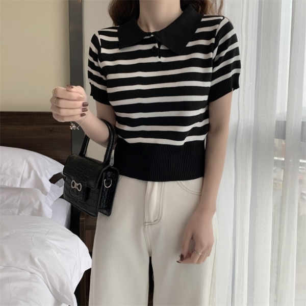 Strikket Stripe T-skjorte Kort Topp APRIKOS Apricot