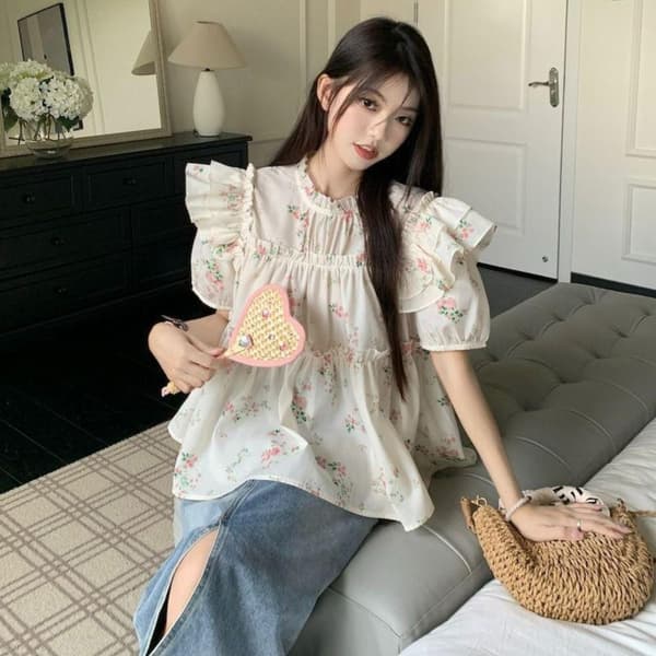 Blomstret skjortebluse L L