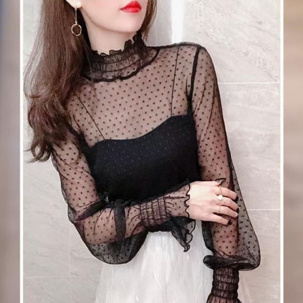 Gennemsigtig T-shirt-bluse SORT M Black M