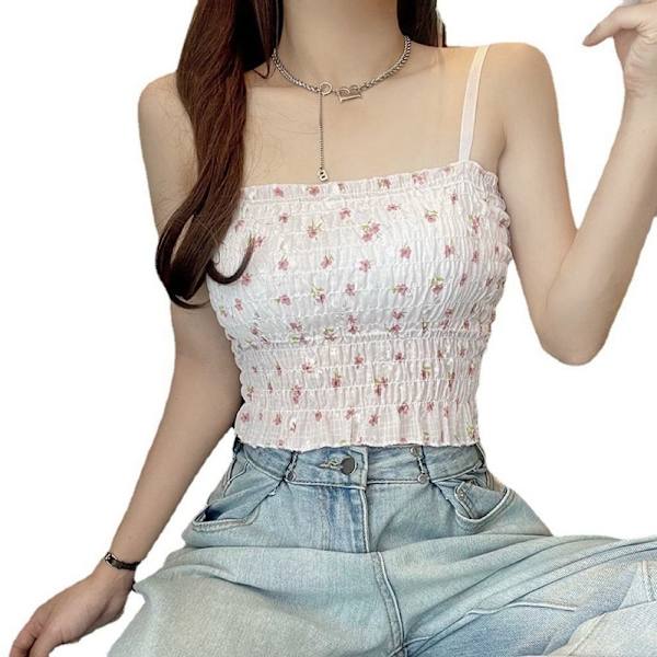 Blommig Camisole Tryckt Linne Blå Blue