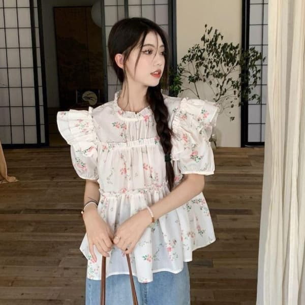 Blomstret skjortebluse L L
