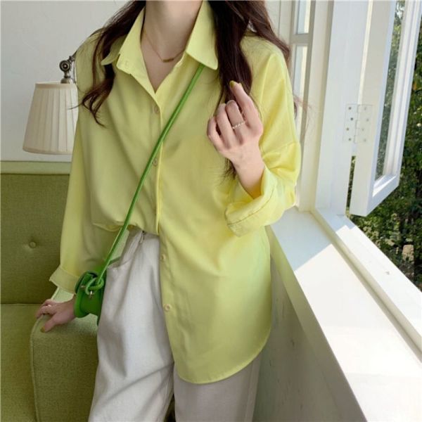 Langærmet bluse Dameskjorte GUL L Yellow L