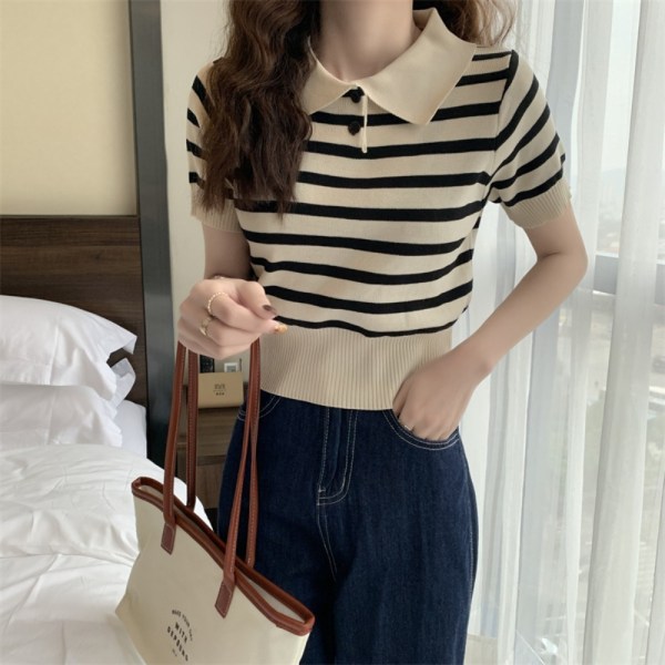 Strikket Stripe T-skjorte Kort Topp APRIKOS Apricot