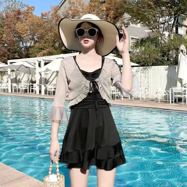 One Piece Skirt Badedragt Langærmet hættetrøje SORT XL(58-68KG) Black XL(58-68kg)