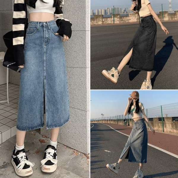 A-formet denimnederdel med slids, BLÅ S Blue S
